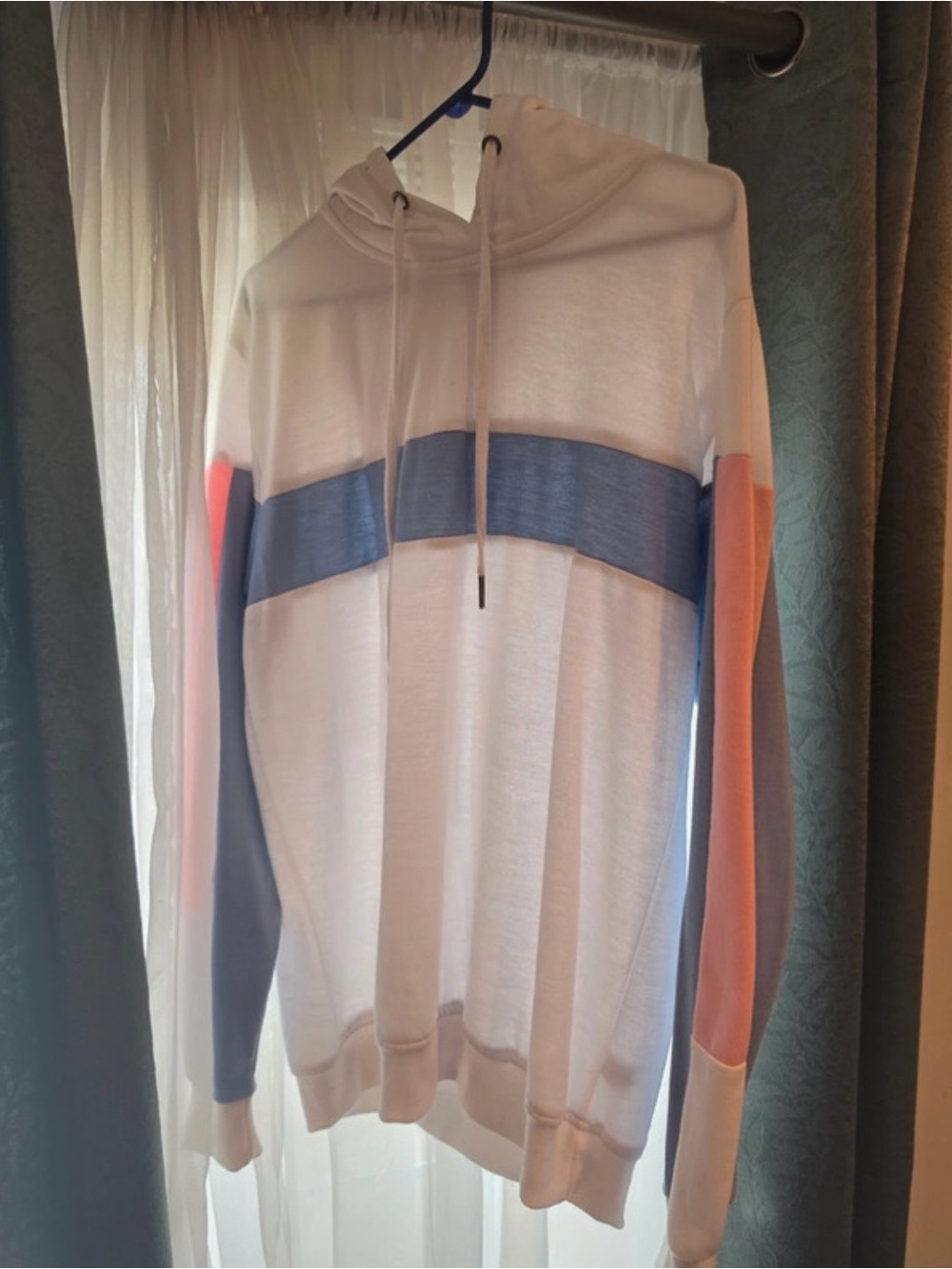 Men's White Colorblock Hoodie Sweater with Blue and Pink Accents